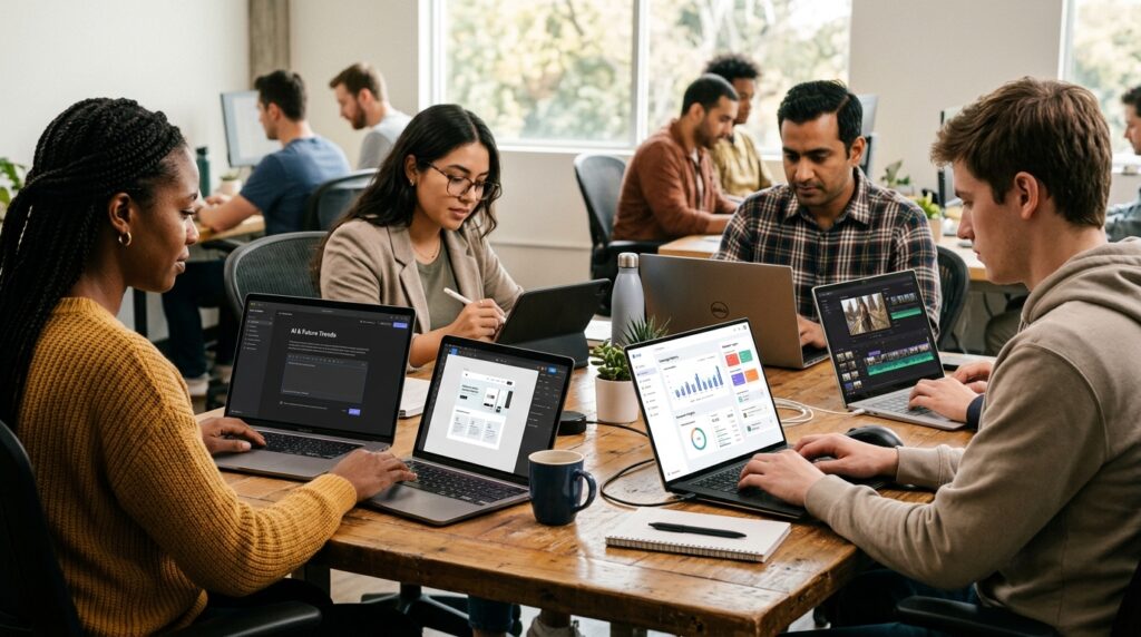 A realistic, high-resolution editorial-style photograph of a modern workspace showing a diverse group of professionals (writer, designer, marketer, and student) using laptops and tablets in a natural office or home setting. On their screens, subtle and realistic interfaces of AI tools are visible (text editor, design canvas, video editing timeline, data dashboard), without any brand logos or copyrighted UI. The scene should naturally represent different AI use cases: writing content, designing visuals, editing videos, managing workflows, and researching information. Include elements like notebooks, coffee mugs, soft natural lighting, and a clean, minimal desk setup to enhance realism. The composition should feel candid and human, not staged — like a real-life moment of people working efficiently with technology. Avoid futuristic or sci-fi visuals. No holograms, no glowing effects, no exaggerated AI elements. Lighting should be soft and natural (daylight), with shallow depth of field and slight background blur to create a professional photography look. The image should feel authentic, warm, and trustworthy — like a stock photo from a premium editorial shoot. Color tone: neutral, slightly warm, modern aesthetic. No text overlay.
