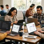 A realistic, high-resolution editorial-style photograph of a modern workspace showing a diverse group of professionals (writer, designer, marketer, and student) using laptops and tablets in a natural office or home setting. On their screens, subtle and realistic interfaces of AI tools are visible (text editor, design canvas, video editing timeline, data dashboard), without any brand logos or copyrighted UI. The scene should naturally represent different AI use cases: writing content, designing visuals, editing videos, managing workflows, and researching information. Include elements like notebooks, coffee mugs, soft natural lighting, and a clean, minimal desk setup to enhance realism. The composition should feel candid and human, not staged — like a real-life moment of people working efficiently with technology. Avoid futuristic or sci-fi visuals. No holograms, no glowing effects, no exaggerated AI elements. Lighting should be soft and natural (daylight), with shallow depth of field and slight background blur to create a professional photography look. The image should feel authentic, warm, and trustworthy — like a stock photo from a premium editorial shoot. Color tone: neutral, slightly warm, modern aesthetic. No text overlay.